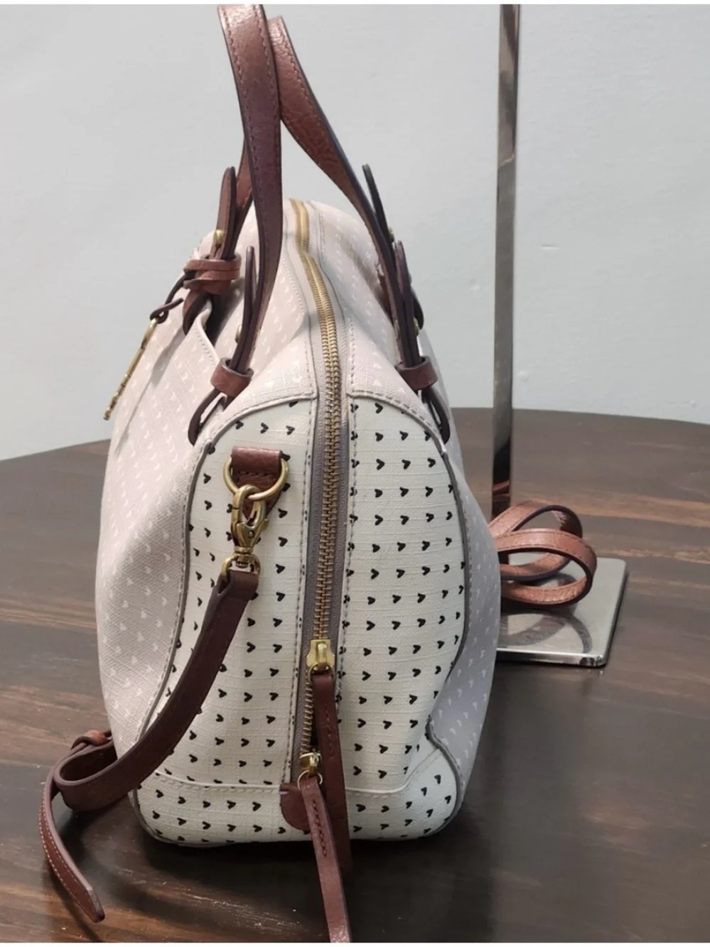 Fossil Blush Pink Satchel with Brown Handles and Gold Charm